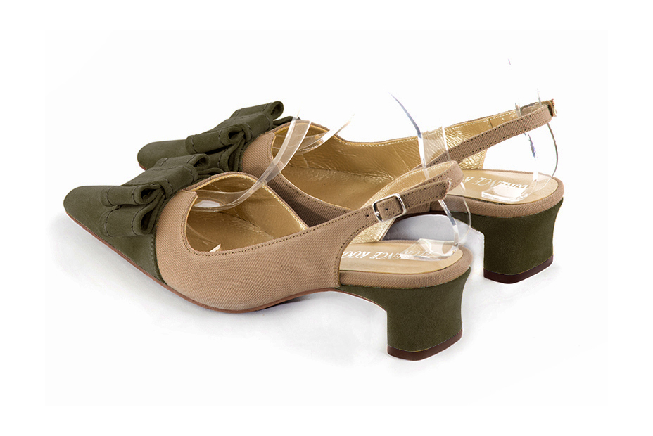 Women's khaki green and meadow green elegant slingback heels, with a bow on the front. Tapered toe. Low kitten heels - Rear view